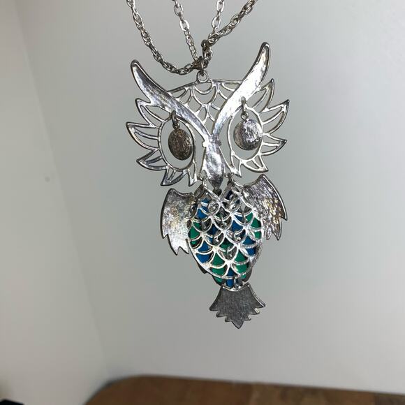 VTG 2000s Y2K oversized beaded owl statement pendant double chain necklace‎ - Picture 4 of 5
